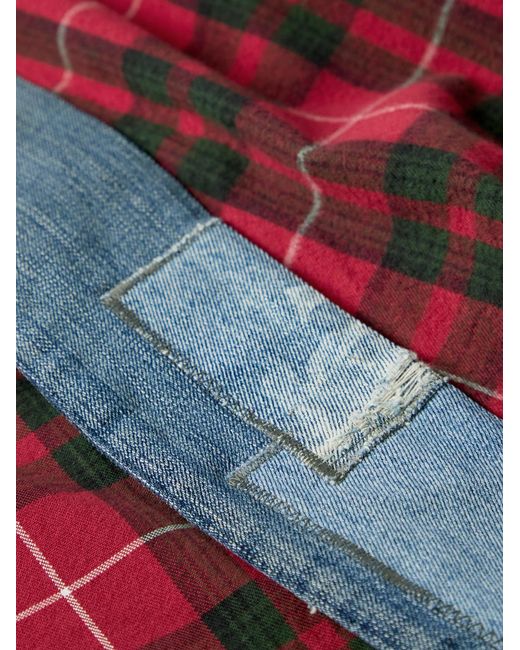 Greg Lauren Red Shawl-Collar Denim-Trimmed Checked Cotton-Flannel Cardigan for men
