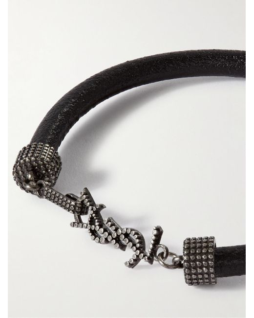 Saint Laurent Black Textured-leather And Silver-tone Bracelet for men