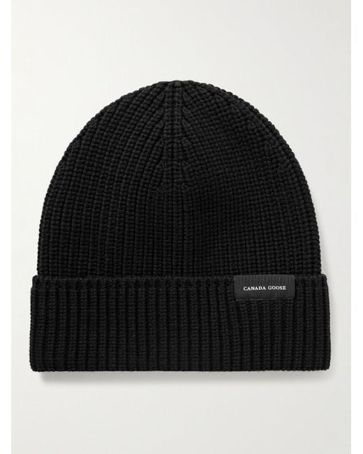 Canada Goose Black Logo-Appliquéd Ribbed Wool Beanie for men