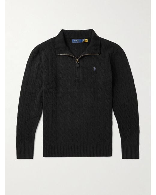 Polo Ralph Lauren Zopfstrickpullover aus einer Woll-Kaschmirmischung mit kurzem Reißverschluss und Logostickerei in Black für Herren