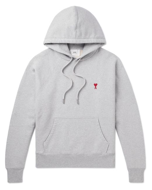 AMI Gray Logo-embroidered Cotton-blend Jersey Hoodie for men