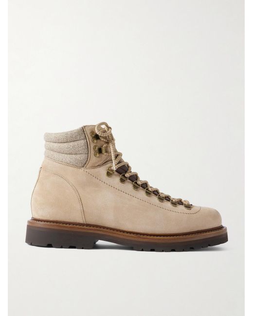 Brunello Cucinelli Natural Flannel And Full-Grain Leather-Trimmed Suede Boots for men