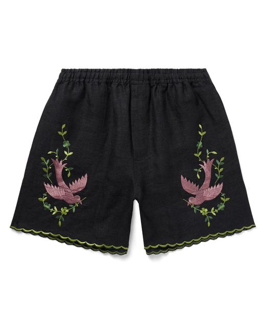 Bode Black Rosefinch Straight-leg Embroidered Linen Shorts for men