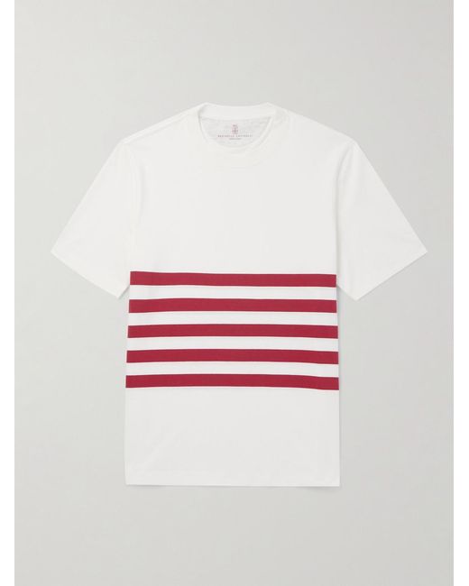 Brunello Cucinelli White Slim-fit Striped Cotton-jersey T-shirt for men