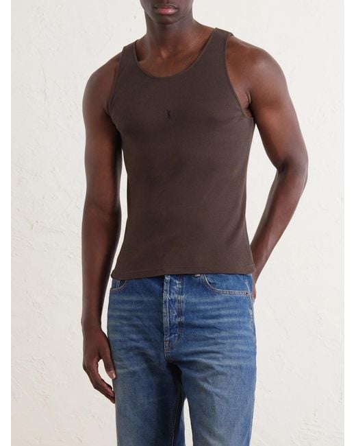 Saint Laurent Brown Logo-embroidered Ribbed Cotton Tank Top for men