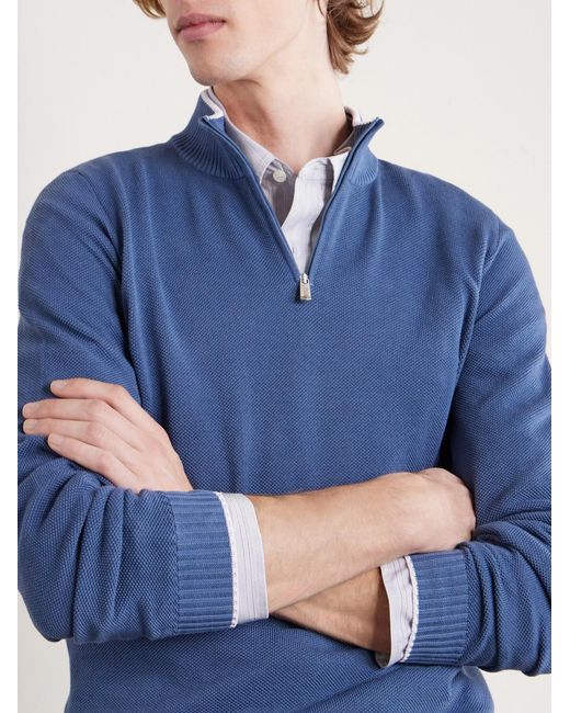 Fedeli Blue Cotton-piqué Half-zip Sweater for men