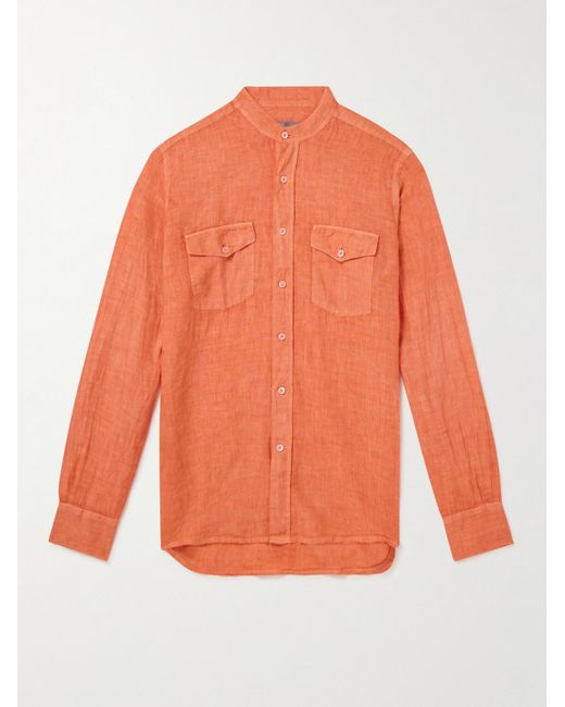 Canali Orange Grandad-collar Linen Shirt for men