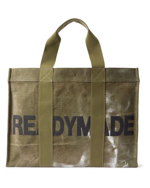 READYMADE Green Logo-print Webbing-trimmed Waxed Cotton-canvas Tote Bag for men