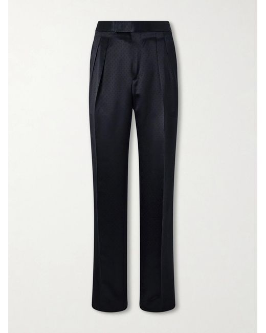 Tom Ford Blue Straight-Leg Pleated Satin Trousers for men