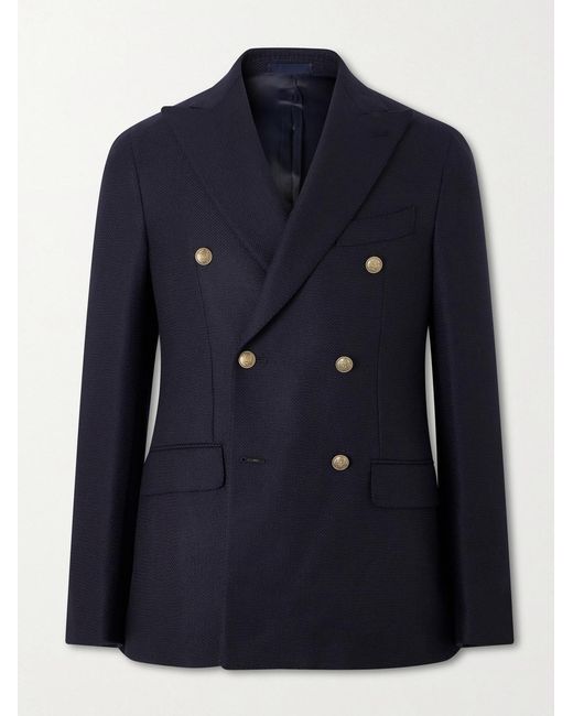 Caruso Blue Aida Double-Breasted Wool-Basketweave Blazer for men