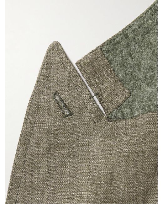 De Petrillo Green Double-breasted Herringbone Linen Suit Jacket for men