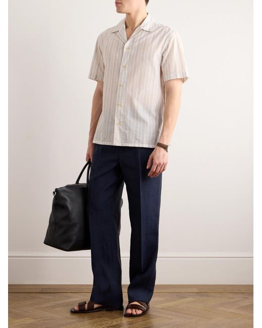 Brioni Natural Convertible-collar Striped Cotton And Linen-blend Shirt for men