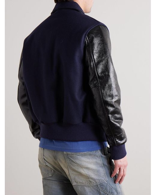 Golden Bear Blue Padded Wool-Blend Felt And Cracked Glossed-Leather Varsity Jacket for men