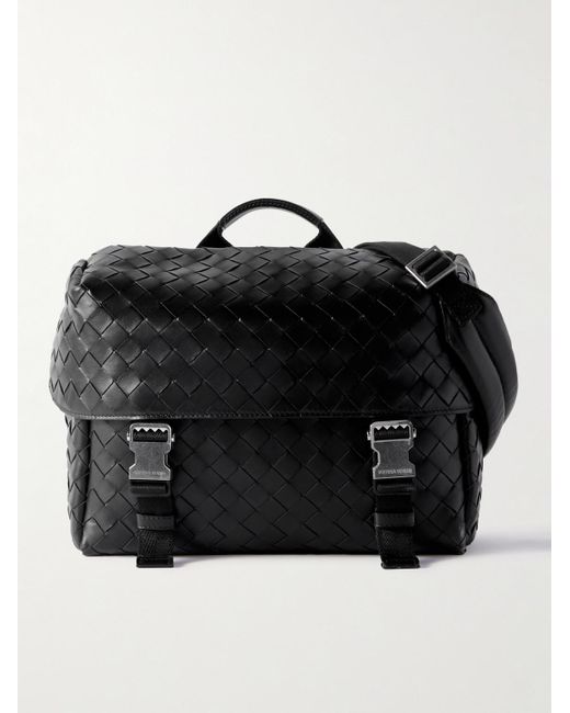 Bottega Veneta Black Intrecciato Leather Messenger Bag for men
