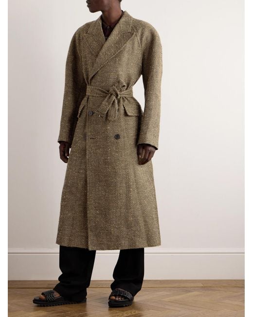 Dries Van Noten Rarden doppelreihiger Mantel aus einer Leinenmischung mit Fischgratmuster und Gürtel in Natural für Herren