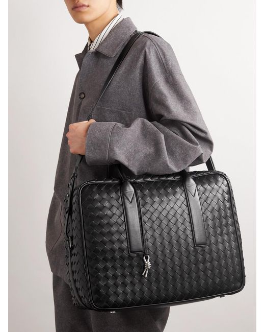 Bottega Veneta Black Intrecciato Leather Briefcase for men