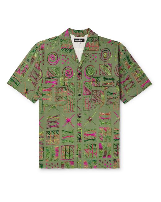 Monitaly Green 50's Milano Camp-collar Embroidered Cotton Shirt for men