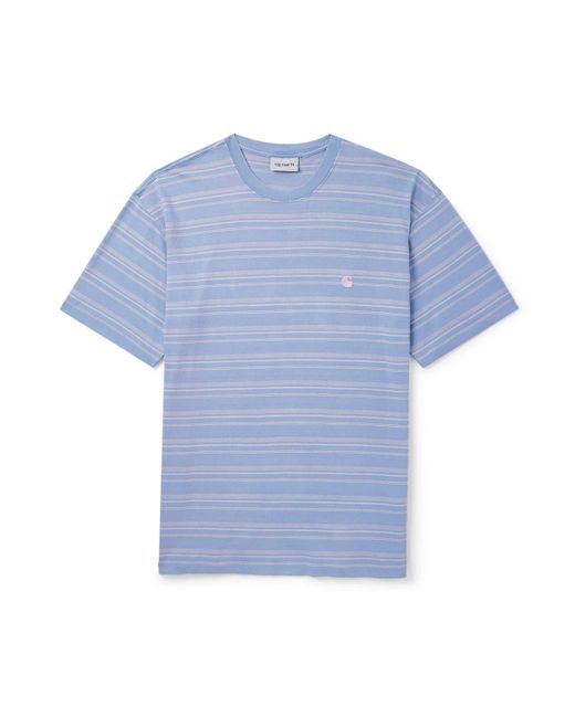 Carhartt Blue Brodine Logo-Embroidered Striped Cotton-Jersey T-Shirt for men