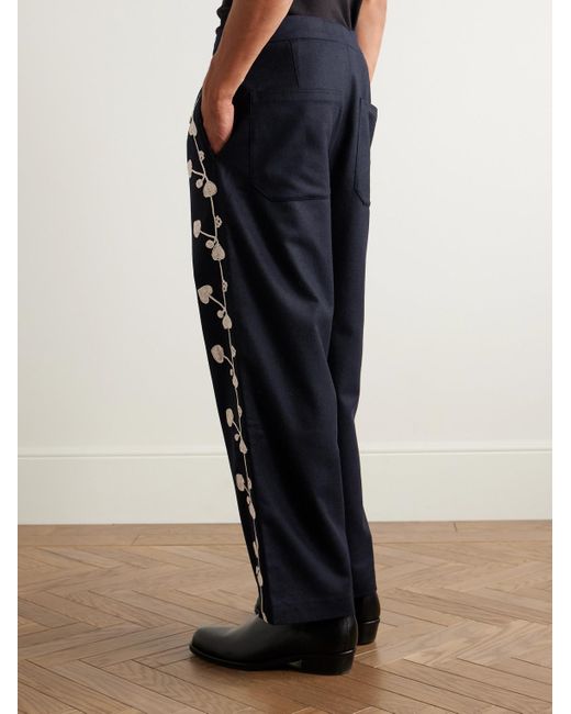 Bode Blue Snowdrop Straight-Leg Appliquéd Herringbone Wool-Blend Trousers for men