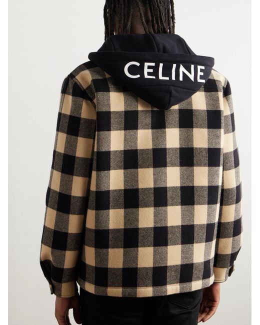 Celine Logo-Print Cotton Jersey-Trimmed Padded Checked Wool Hooded