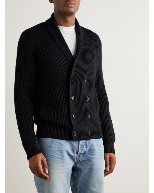 Tom Ford Black Shawl-Collar Double-Breasted Ribbed Wool And Silk-Blend Cardigan for men