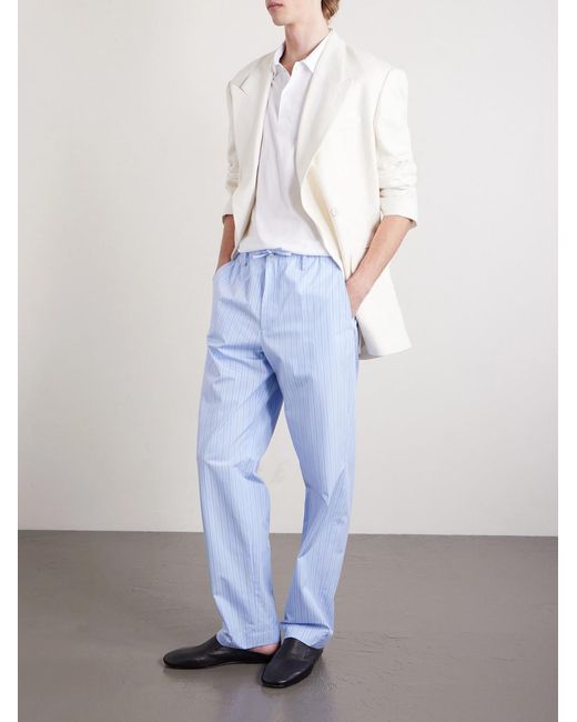 Dries Van Noten Blue Straight-Leg Striped Cotton-Poplin Drawstring Trousers for men