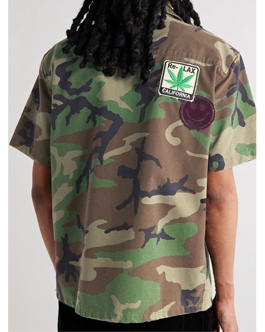 Les Tien Green Camp-collar Appliquéd Camouflage-print Cotton-ripstop Shirt for men