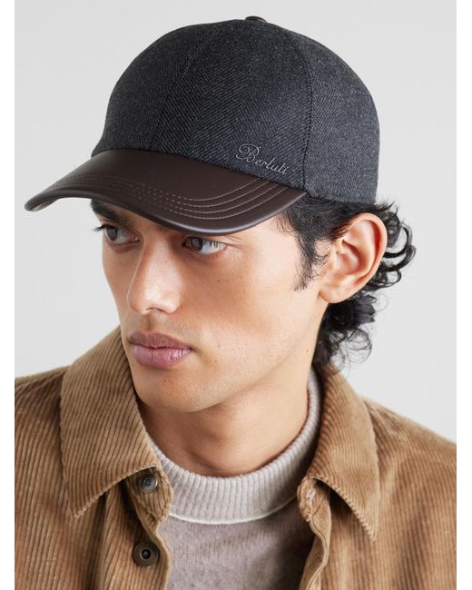 Berluti Black Logo-Embroidered Leather-Trimmed Wool Baseball Cap for men