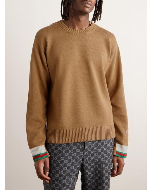 Gucci Natural Logo-Intarsia Striped Cotton Sweater for men