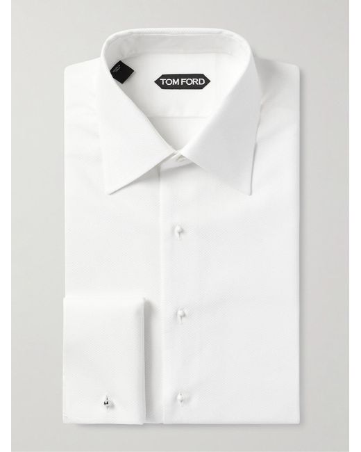 Tom Ford White Double-Cuff Piqué-Trimmed Cotton-Voile Tuxedo Shirt for men