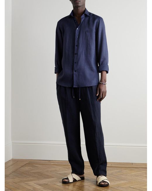 Etro Blue Slim-Fit Logo-Embroidered Linen Shirt for men