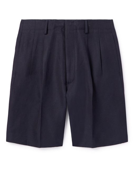 Loro Piana Blue Joetsu Straight-leg Pleated Cotton And Linen-blend Twill Bermuda Shorts for men