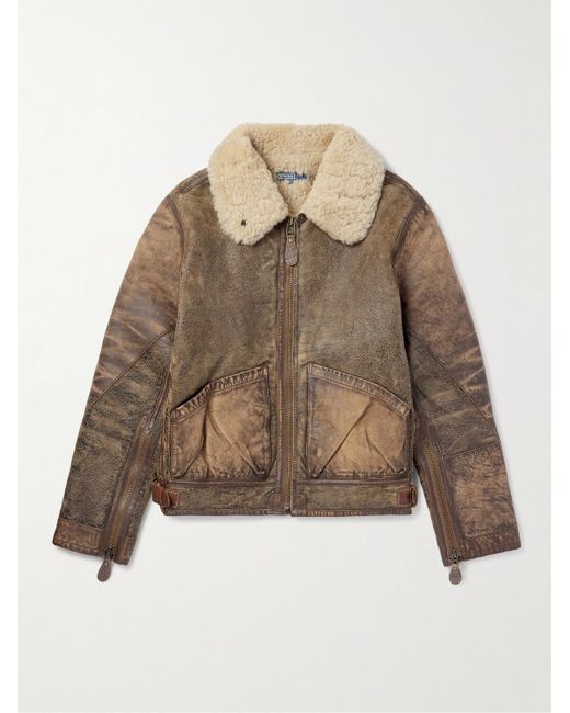 Polo Ralph Lauren Brown Distressed Shearling Bomber Jacket for men