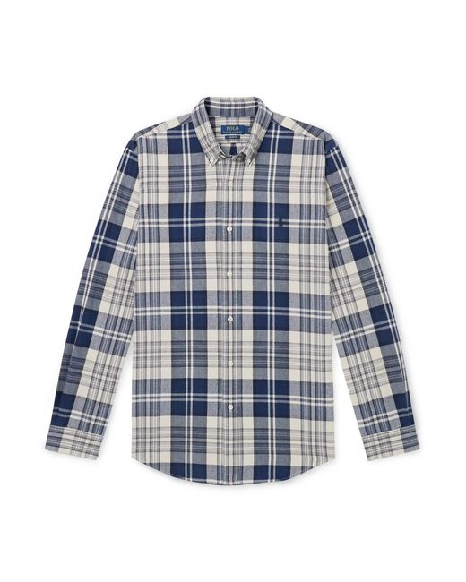 Polo Ralph Lauren Blue Button-Down Collar Logo-Embroidered Checked Cotton Oxford Shirt for men