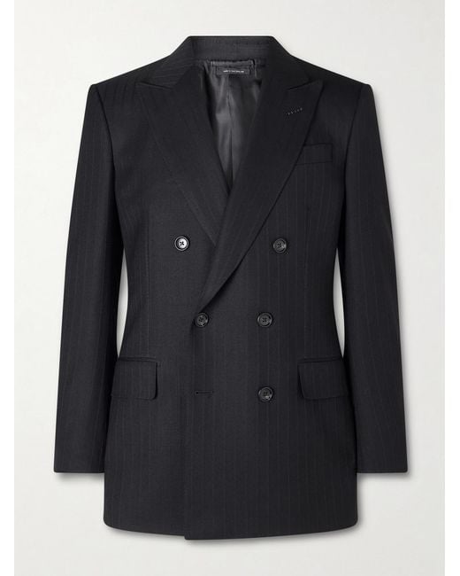 Tom Ford Black Double-breasted Pinstriped Wool Suit Jacket for men