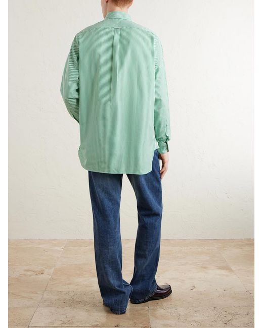 Drake's Green Button-Down Collar Striped Cotton-Poplin Shirt for men