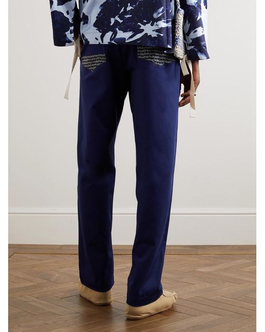 Nicholas Daley Blue Straight-Leg Jacquard-Trimmed Cotton-Drill Trousers for men