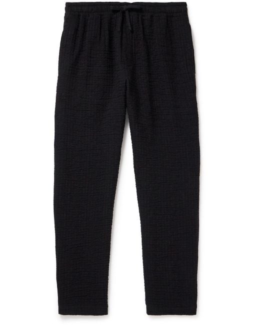YMC Blue Alva Tapered Crinkled Stretch-cotton And Wool-blend Drawstring Trousers for men