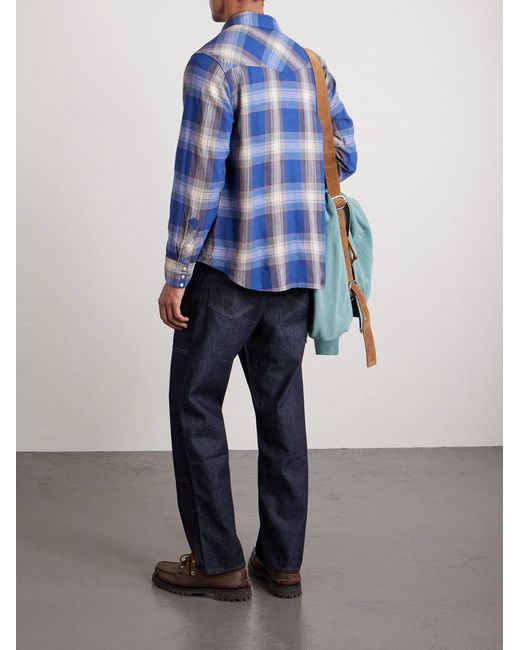 Four Corners Checked Wool And Linen-Blend Shirt di Visvim in Blue da Uomo