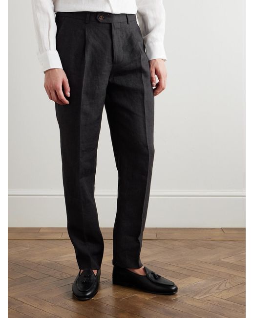 Brunello Cucinelli Black Slim-fit Pleated Linen Suit Trousers for men