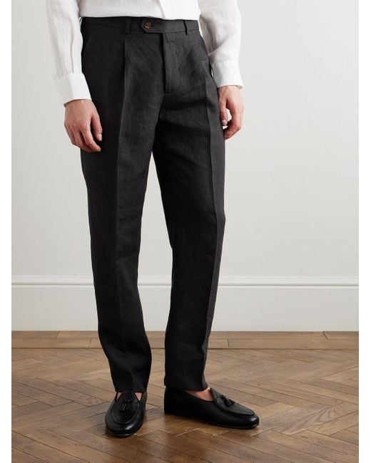 Brunello Cucinelli Black Slim-fit Pleated Linen Suit Trousers for men