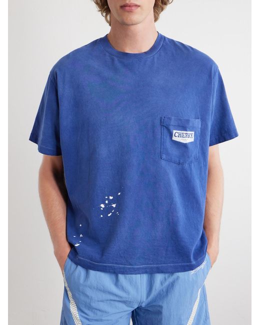 CHERRY LA Blue Paint-Splattered Cotton-Jersey T-Shirt for men