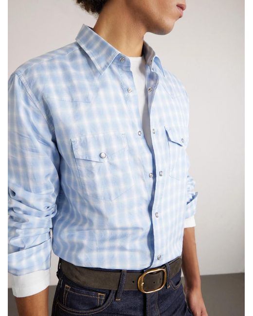 Tom Ford Blue Slim-fit Checked Cotton And Linen-blend Shirt for men