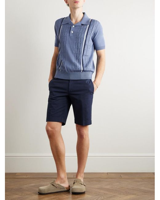 Piacenza 1733 Blue Slim-Fit Striped Pointelle-Knit Silk And Cotton-Blend Polo Shirt for men