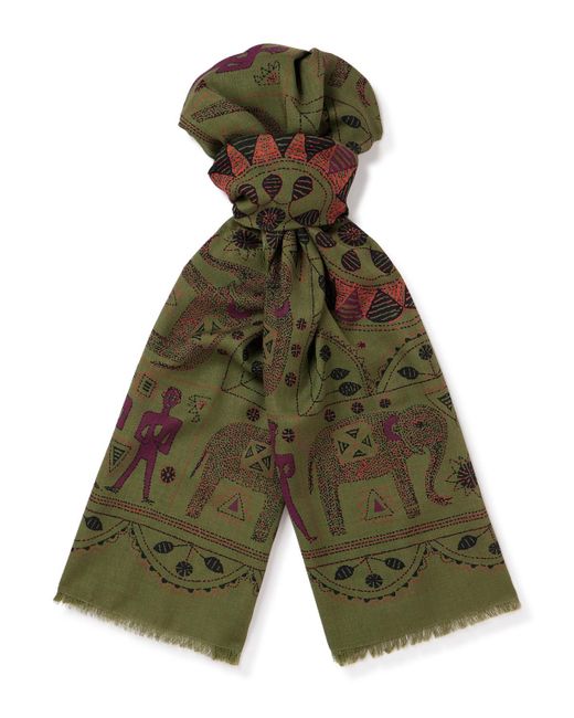 Drake's Green Fringed Printed Wool And Silk-blend Scarf for men