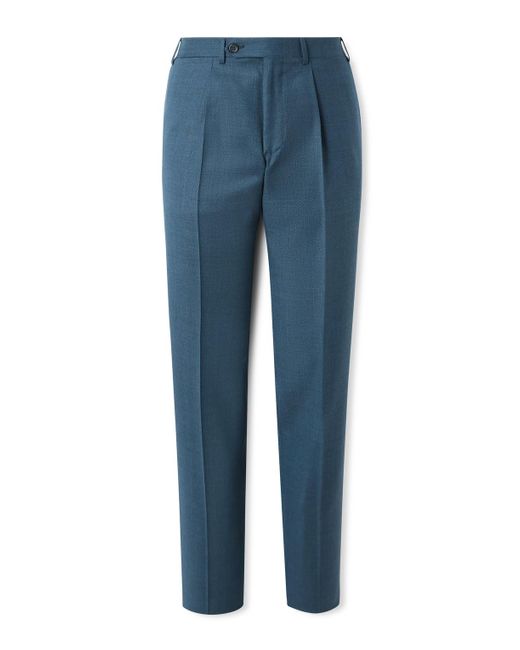 Canali Blue Tapered Pleated Checked Wool Suit Trousers for men
