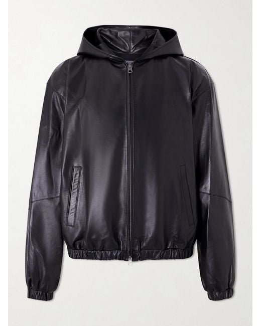 Amomento Black Leather Hooded Jacket for men