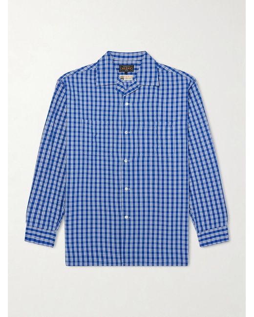 Beams Plus Blue Camp-Collar Checked Cotton Shirt for men