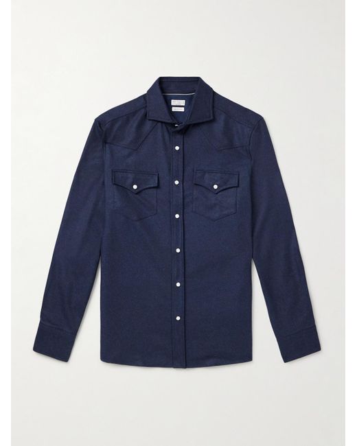 Brunello Cucinelli Blue Virgin Wool-Flannel Western Shirt for men