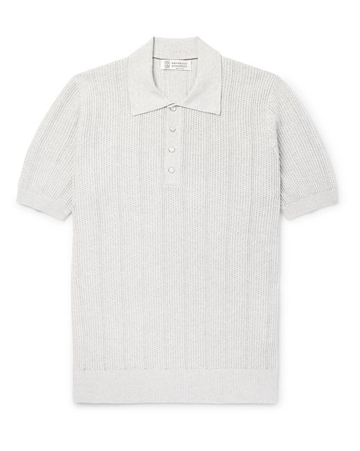 Brunello Cucinelli White Slim-fit Ribbed Cotton Polo Shirt for men